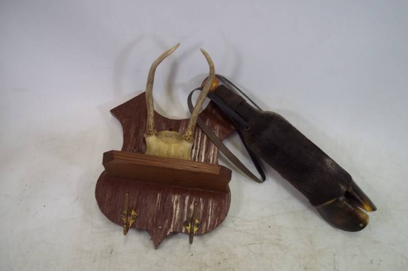 lot 131 image: Antler Coat rack and Hoof Flask