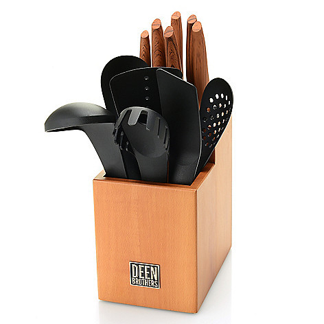 lot 165 image: Deen Brothers Universal 14-Piece Knife, Kitchen Tool & Wood Block Set, Retail $44.99