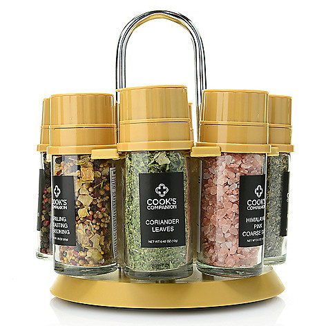 lot 176 image: Cooks Companion Set of 8 Glass Spice Grinders w Assorted Spices & Rotating Carousel, Retail $34.99