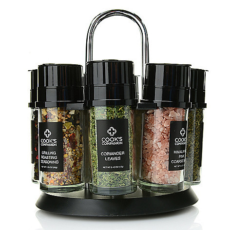 lot 214 image: Cooks Companion Set of 8 Glass Spice Grinders w Assorted Spices & Rotating Carousel, Retail $34.99
