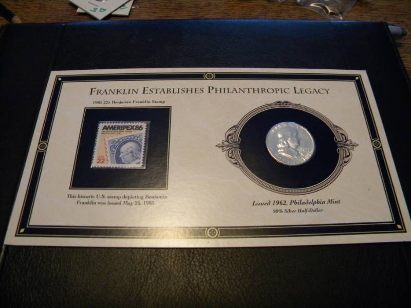 1962 Franklin Silver Half Dollar & 1985 22 cent Franklin Stamp on a Card