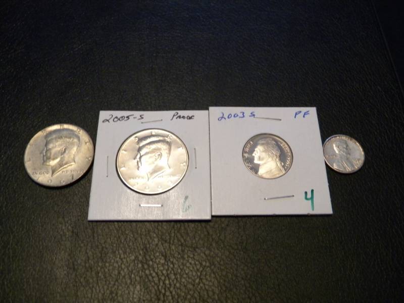 1967 Kennedy 40% Silver Half Dollar,2005 S Kennedy Proof,2003 S Jeff. Nickel Proof,1974 D Counterfeit Aluminum Penny