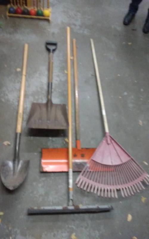 lot 6 image: Snow Shovel. 2-Shovels, Rake, Floor Squeegee