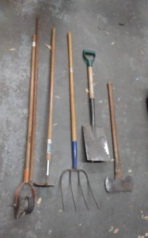 lot 8 image: Pitch Fork, Hoe, Edger, Ax, Square Spade Shovel