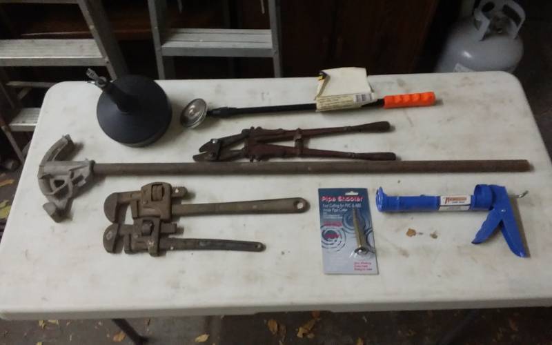 lot 15 image: 2-Pipe Wrenches, Bolt Cutter, Long Handle Magnet, Pipe Bender, Retractable Drain Snake