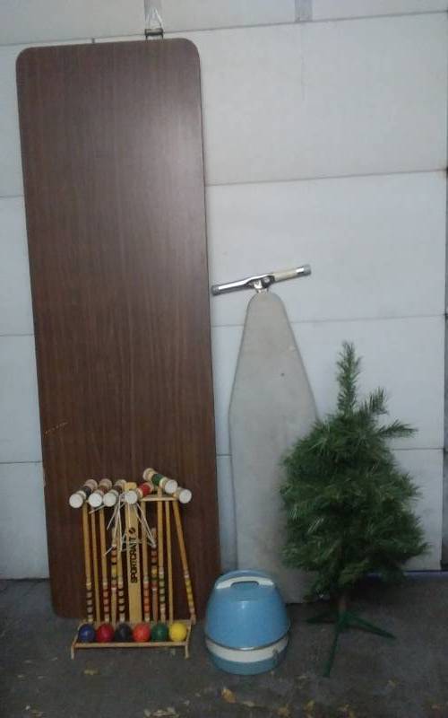 lot 26 image: 8 Ft. Banquet Table, Croquet Set, Ironing Board, Vintage Hair Dryer & 4 Ft Christmas Tree With Stand