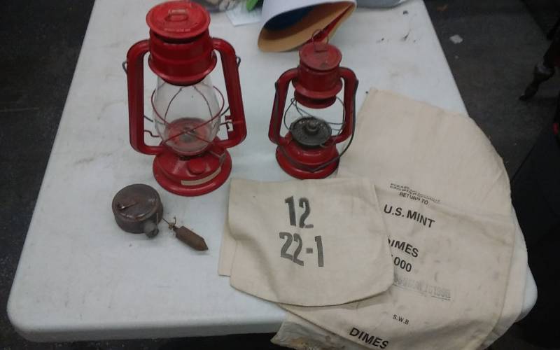 lot 35 image: 2-Red Lanterns, 1-Old Plumb Bob, 3-Canvas Money Bags
