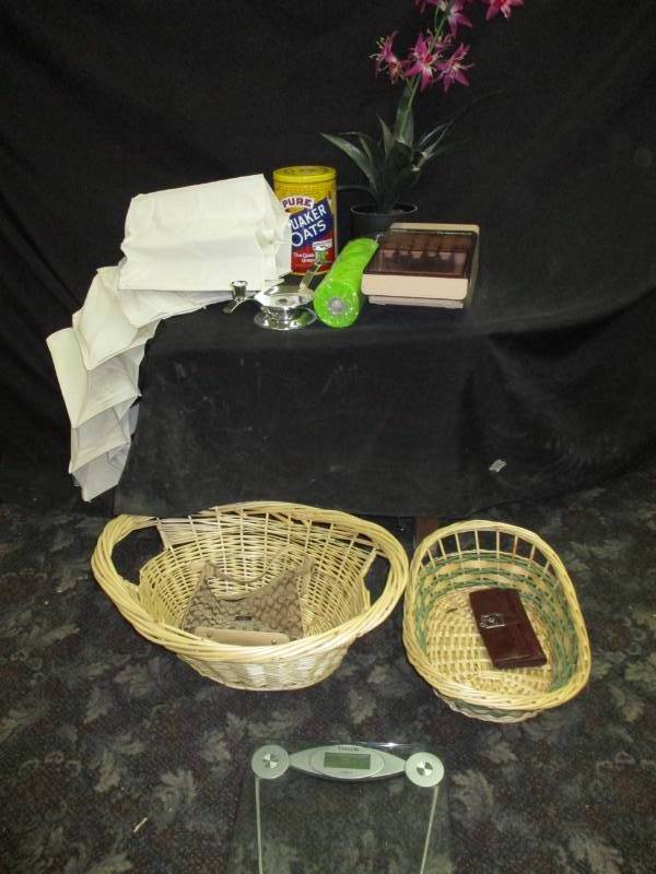 lot 14 image: baskets, purses, scale, rollers, plant and more