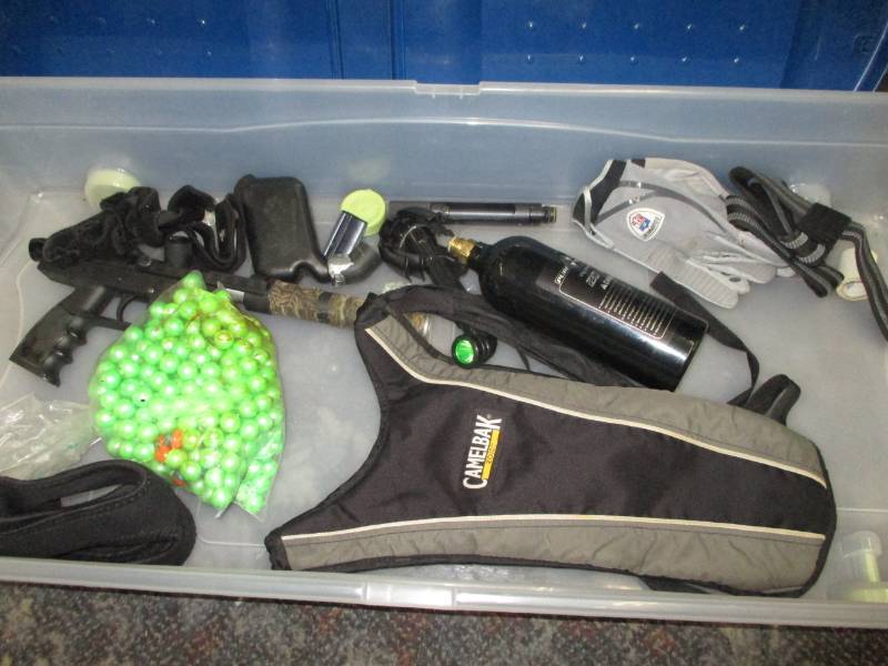 lot 30 image: Tub full of paintball supplies