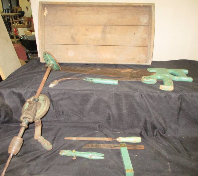 lot 97 image: Antique Green Wood Handled Tools and Wood Tray