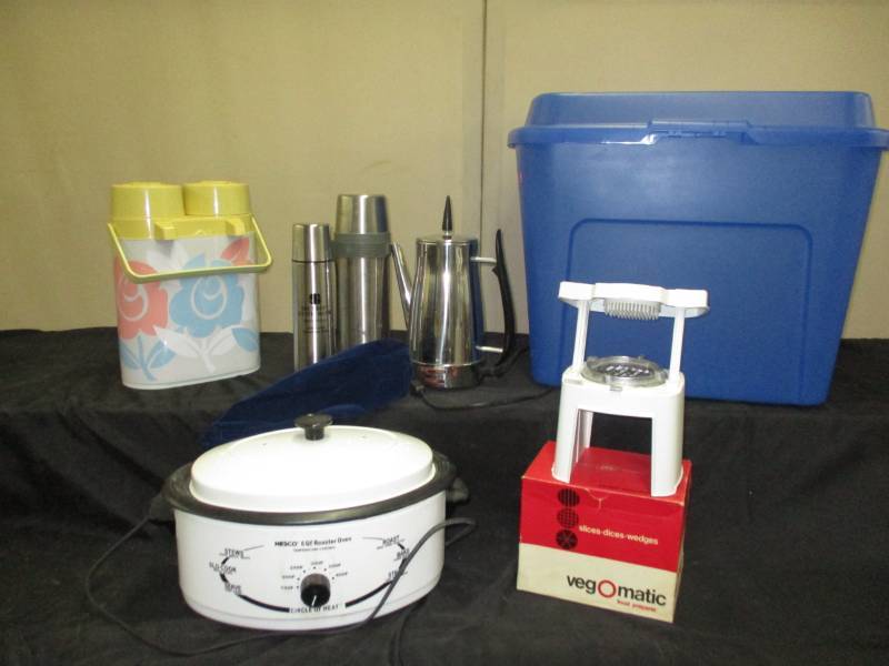 lot 104 image: Crock Pot, Coffee Pot, Thermos, and tub