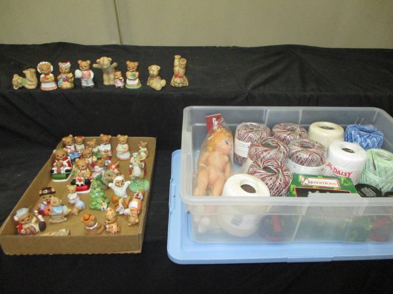 lot 153 image: Thread unopened and still in plastic in tub and knick knacks