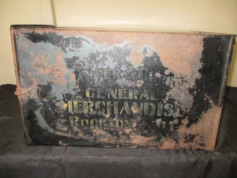 lot 169 image: Metal Patented Box 1900 Harper and Curry, Rockford Ill