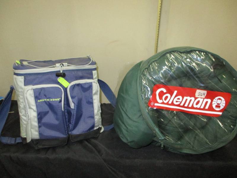 lot 192 image: Coleman Sleeping Bag, Cooler and Clock and Radio