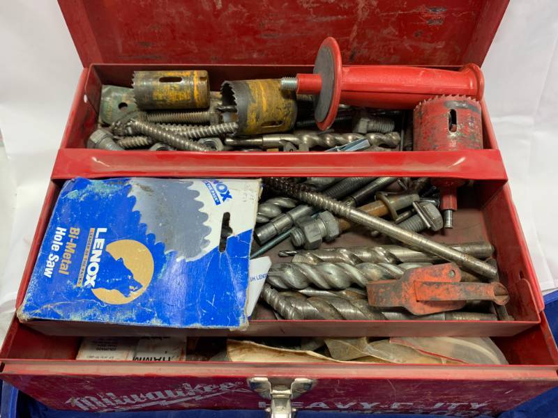 lot 1 image: Milwaukee Heavy Duty Drill & Toolbox (loaded with bits)