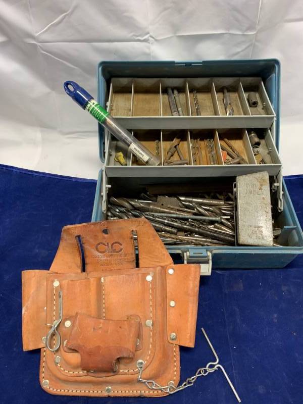 lot 9 image: Tackle Box Full of Drill Bits & Leather Tool Holder