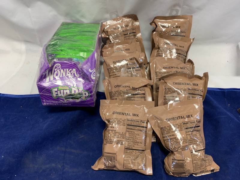 lot 25 image: 45 Pouches of Fun Dip, 10 Bags of MRE Oriental Trail Mix