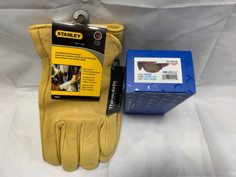 lot 28 image: Stanley Leather Thinsulate Gloves, Tyhpoon Polarized Sunglasses (new)