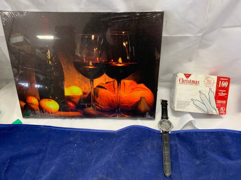 lot 33 image: Lighted Wine Picture, Watch, Christmas Lights