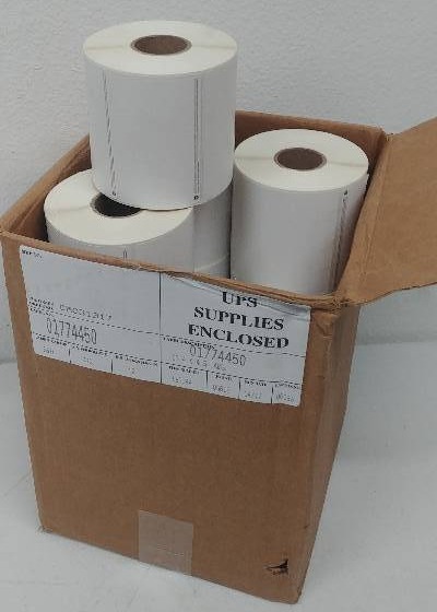 lot 110 image: Box of Printable UPS Shipping Label Rolls (qty 12 rolls)