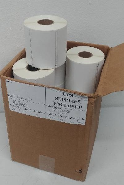 lot 111 image: Box of Printable UPS Shipping Label Rolls (qty 12 rolls)