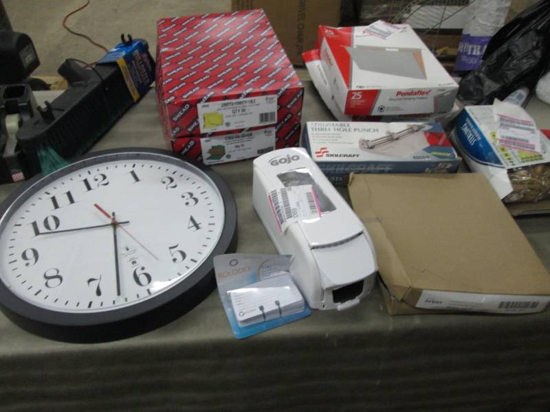 lot 9 image: Clock, 2 Boxes Recycled Hanging Fol...
