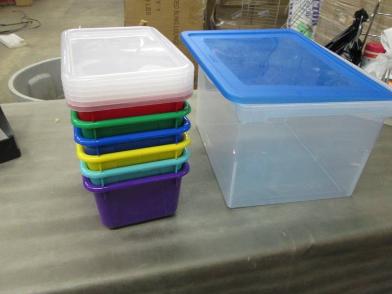 lot 28 image: Multicolored Storage Bins with cove...