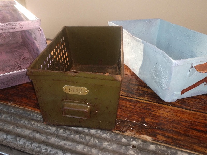 lot 2 image: Industrial Heavy Duty Parts Bins (2) and Vintage Metal Locker Basket (1)