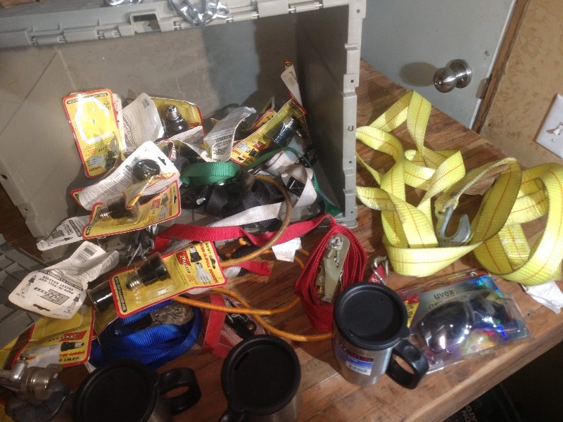 lot 39 image: Air Hose, Push or Pull Sockets, Bins Sprayer, Thermos Ignitor Kit, Stainless Steel Travel Mugs, UVEX Safety Glasses, Ratchet Securing Straps