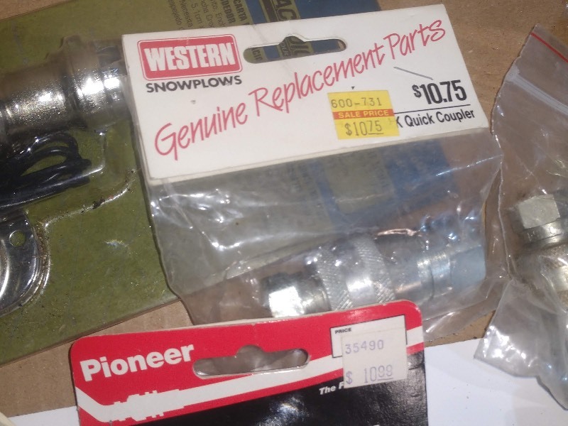 lot 49 image: Western Plow Replacement Parts, Quick Coupler Hitch Pin, and Hairpin Cotter Replacement Parts, Relay Solenoid, Cable Hydraulic System Relay, Super Safety Light, Stanley Self Centering Nail Setter