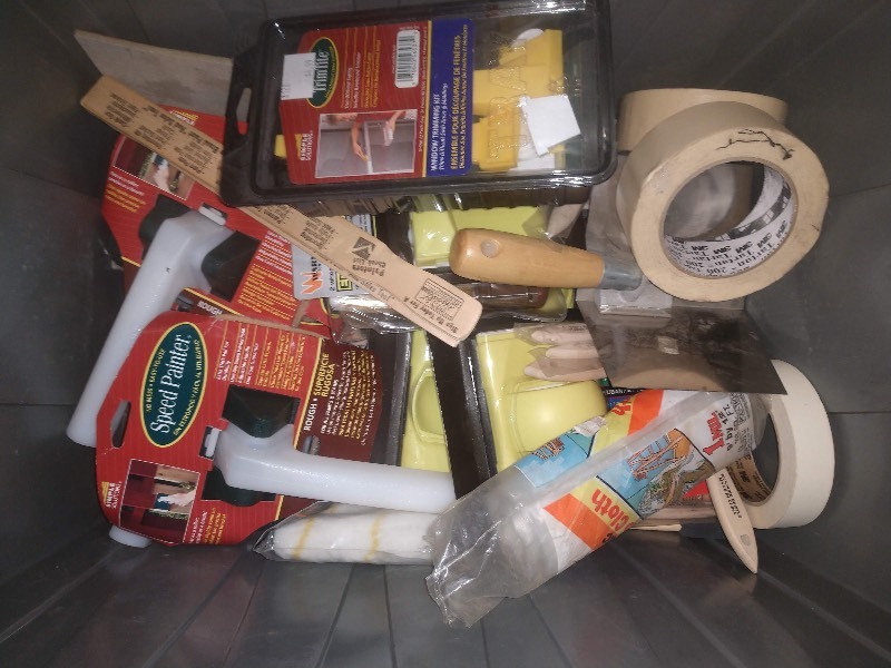 lot 69 image: Bin of Small Wheels and Car Parts, Bin of Painting Supplies, Bin with Small Tires, Bin with Jumper Cables and Tubing, and Two Bins of Nails and Hardware
