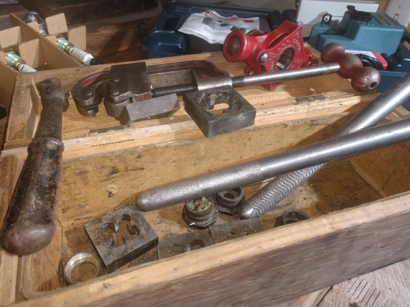lot 70 image: Sherwood LP Gas OPD Cylinder Valves, Wood Toolbox with Vintage Tools, Drill Doctor with Case