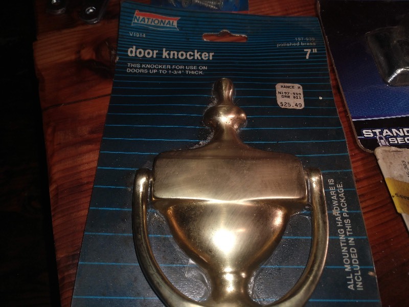 lot 81 image: Polished Brass 7 Door Knocker, National Dull Brass  Double-Acting Spring, Brinks Home Security, National Residential Steel Hinges 3-12 x 3-12 with Screws