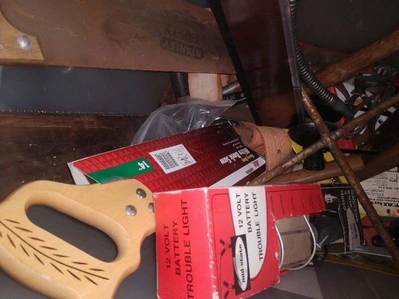 lot 95 image: 12V Trouble Light, Heavy Duty 14 Mitre Back Saw, Stanley Crosscut Saw, and Other Saws, Stanley Mitre Box, Drill Bit, Casters and Other Hand Tools