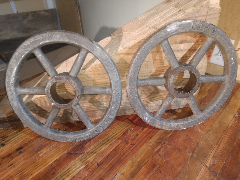 lot 97 image: Two Vintage Six Spoke Cast Iron Gate Valve Hand Wheels  Steampunk