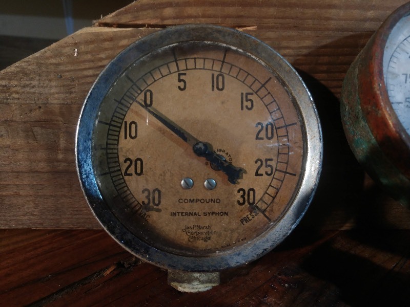 lot 99 image: STEAMPUNK GAUGES Jas P. Marsh Compound Pressure Gauge, US Gauge, ARGCO Gauge