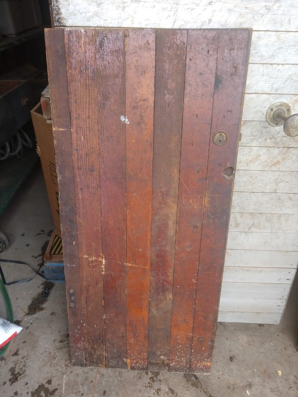 lot 115 image: Antique Tongue and Groove Wood X-Brace Cellar Door with Hinges and Vintage Eagle Door Knob