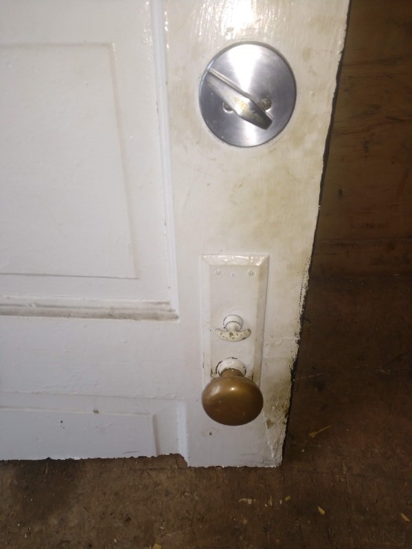 lot 119 image: Antique Six Pane Glass Farmhouse Door with Mail Slot (Door is cut in half)