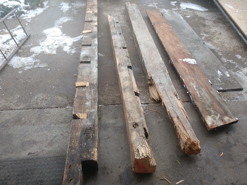 lot 129 image: Reclaimed Hand Hewn Douglas Fir Wood Beams (3) and Wood Planks (2)