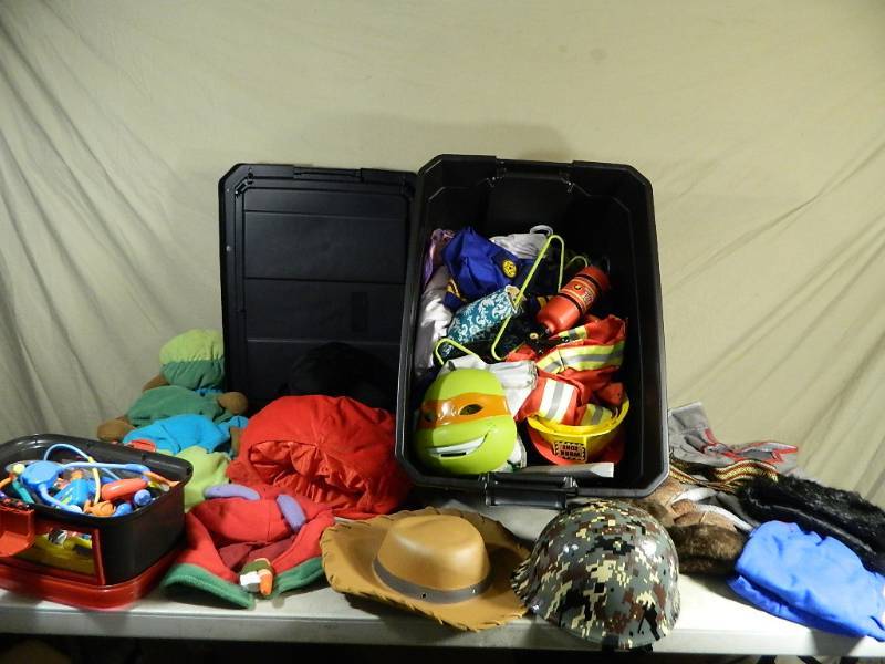Tote with Lid Full of Kids Costumes, Dress Up, More