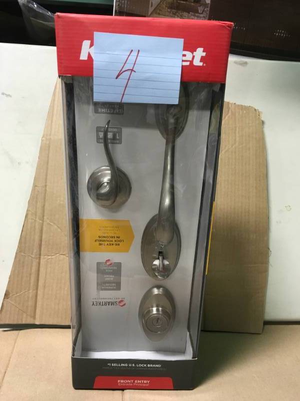lot 4 image: Kwikset 9800-107 Shelburne Single Cylinder Handleset with Tustin Lever featuring SmartKey in, Satin Nickel in like new condition