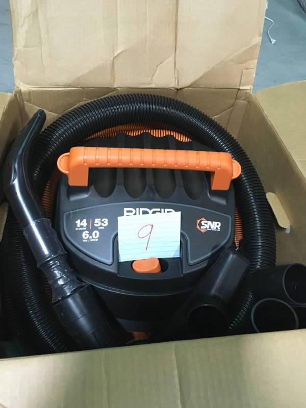 lot 9 image: RIDGID 14 Gal. 6.0-Peak HP Wet Dry Vac with Auto Detail Kit in good condition