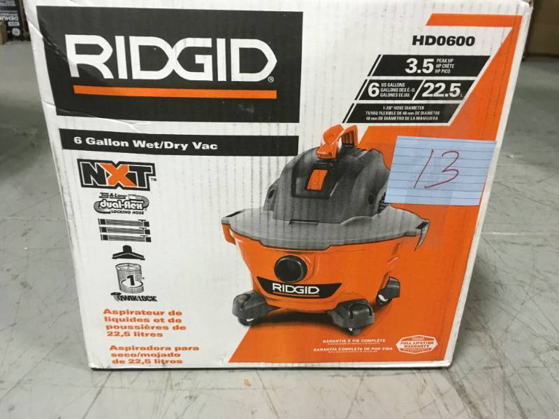 lot 13 image: RIDGID 6 Gal. 3.5-Peak HP NXT WetDry Vac in good condition