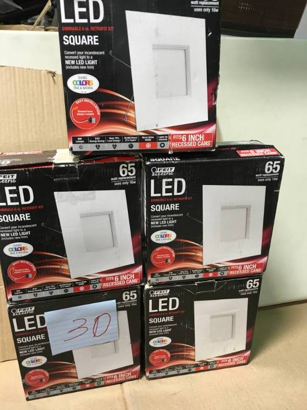 lot 30 image: Feit Electric LED 6 Square Retrofit Recessed Kit, 3000K 65W Equivalent, 90 CRI Fixture (LEDRSQ6930) LOT OF 5 not used