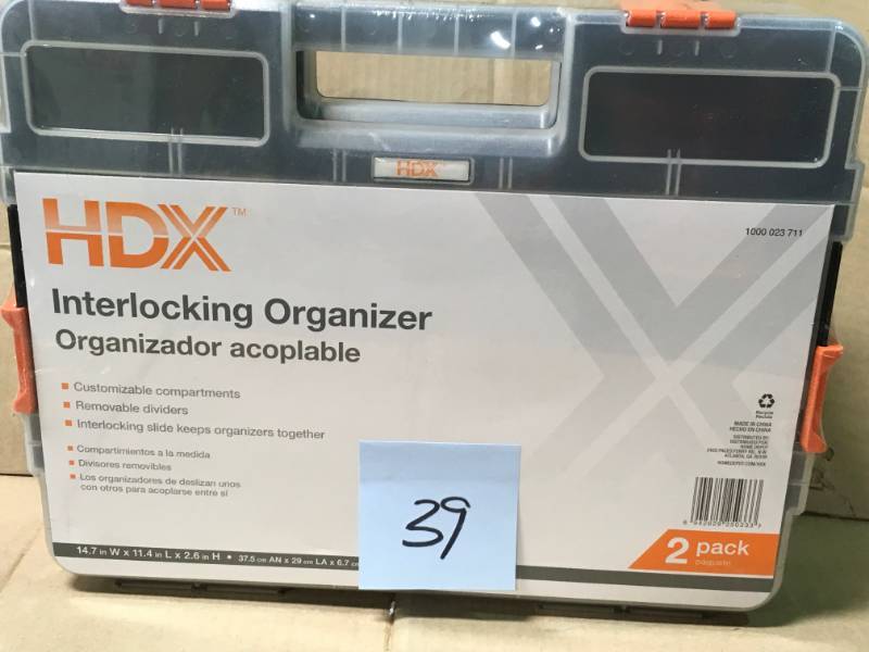lot 39 image: HDX 15-Compartment Interlocking Small Parts Organizer in Black 2 PACK not used