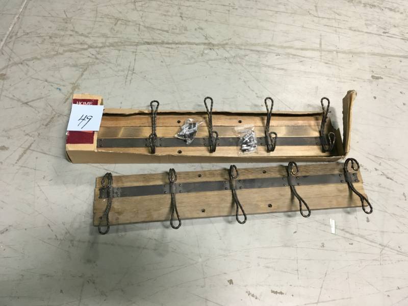 lot 49 image: 27 in. Decorative 5-Hook Key Rail in Antique Brass not used