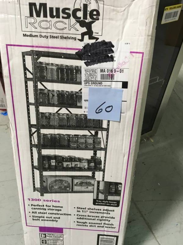 lot 60 image: Edsal Steel Canning Shelving 7 Shelves 30 Inch W x 12 Inch D x 60 Inch H not used