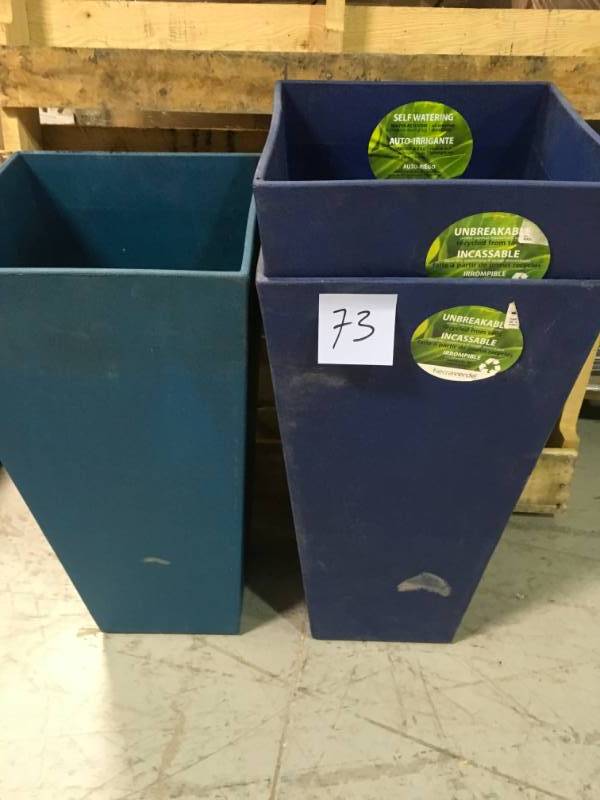 lot 73 image: LOT OF 3 Tierra Verde Sonata 14 in. x 28 in. Teal Rubber Self-Watering Planter USED works
