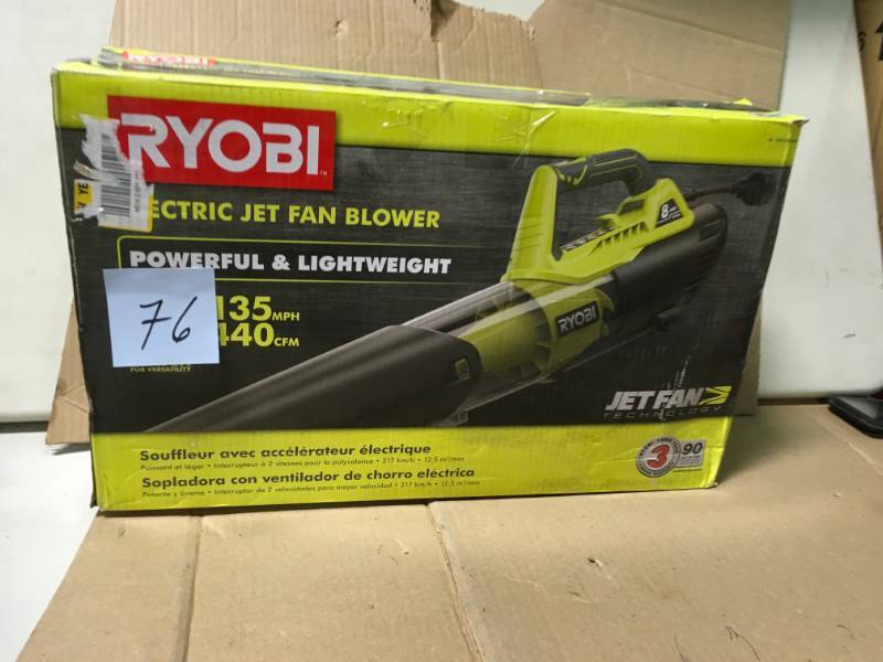 lot 76 image: Ryobi 135 MPH 440 CFM 8 Amp Electric Jet Fan Blower not used