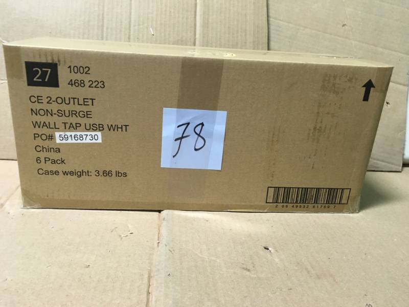 lot 78 image: Commercial Electric 4.2 Amp 2-Outlet 2-USB Wall Tap Power Station, White CASE 6 PACK not used